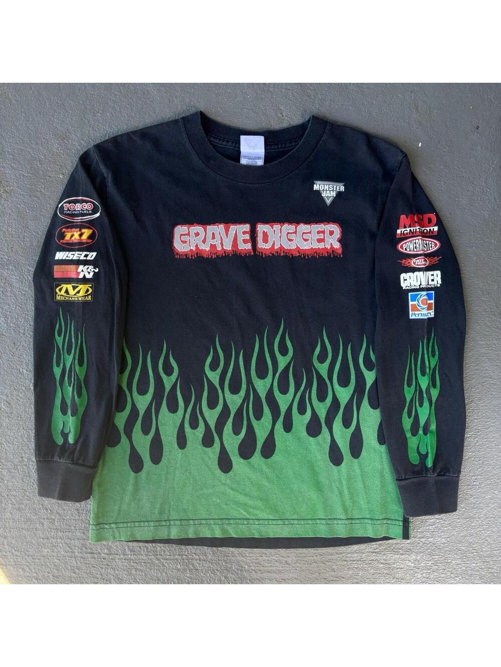 Vintage 2000s Grave Digger Fire Flame Long Sleeve AOP YOUTH medium Shirt